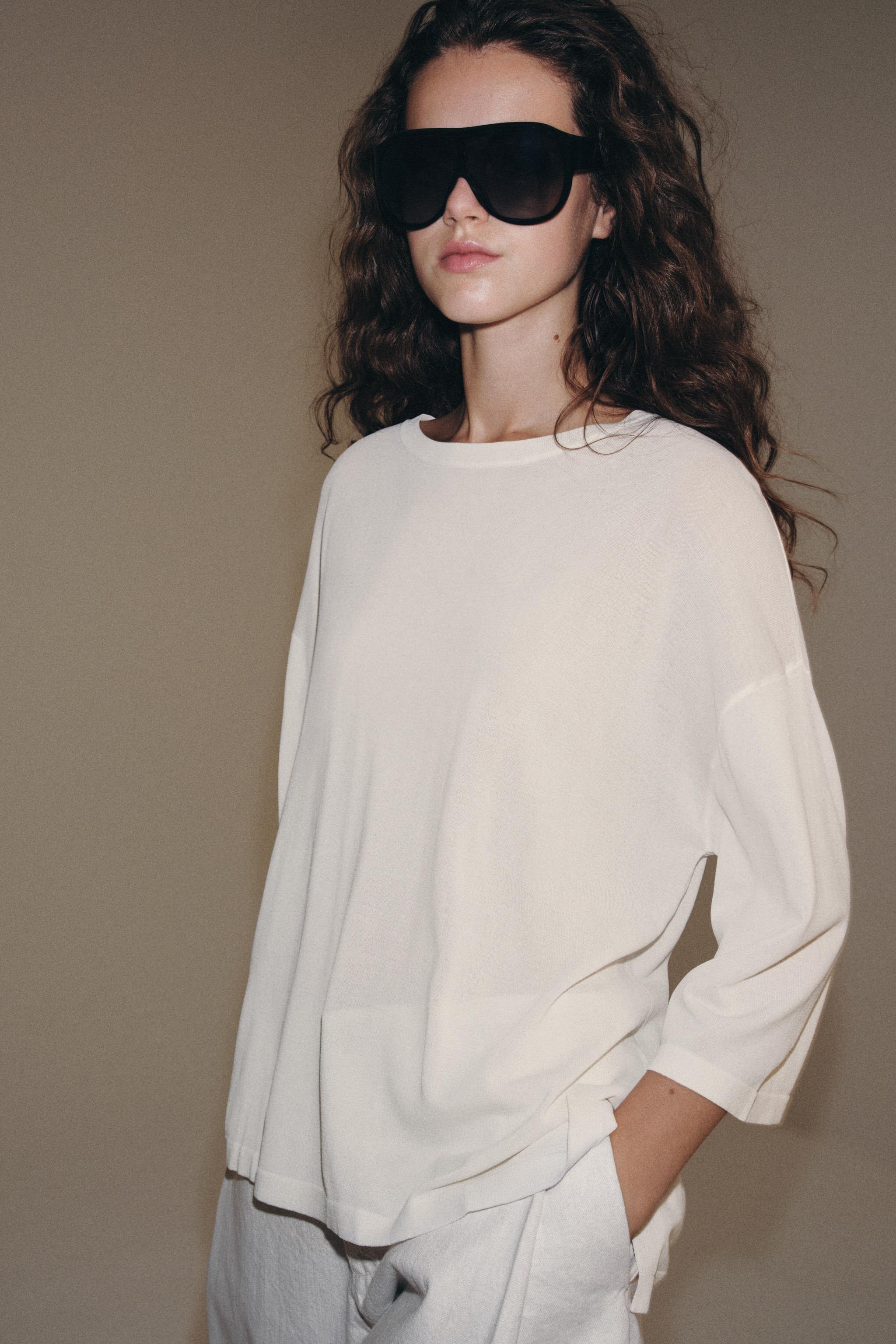 ELBOW-SLEEVE KNIT TOP — White