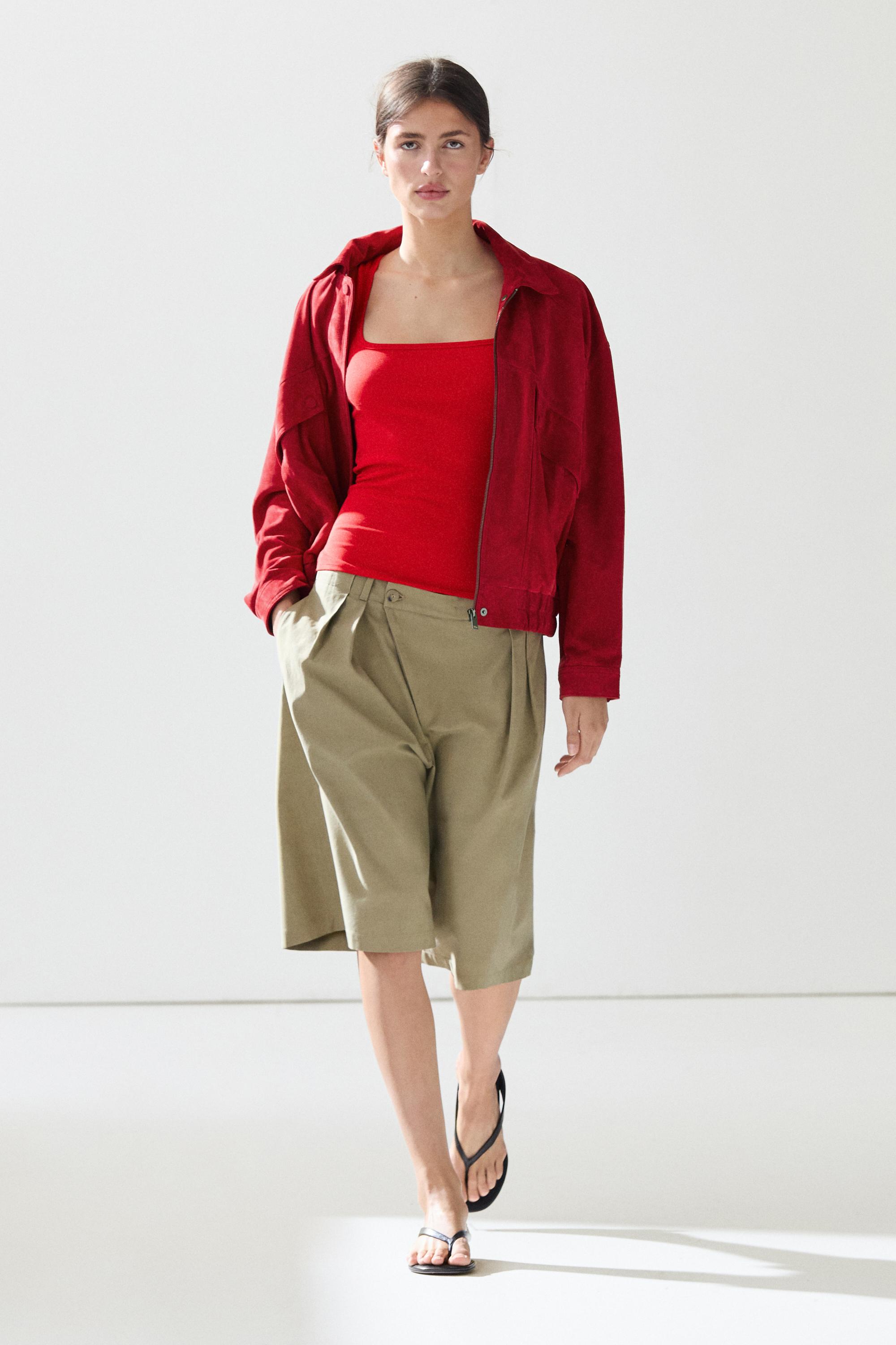 Cotton blend square neck top — Red
