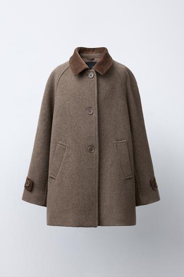 CONTRAST VELVET WOOL COAT - Brown / Taupe by Zara