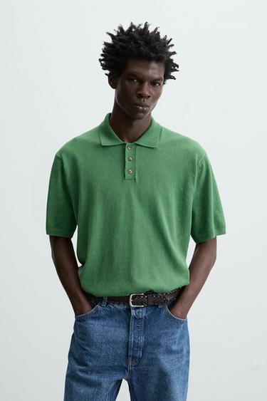 Zara WASHED COTTON KNIT POLO SHIRT - Green