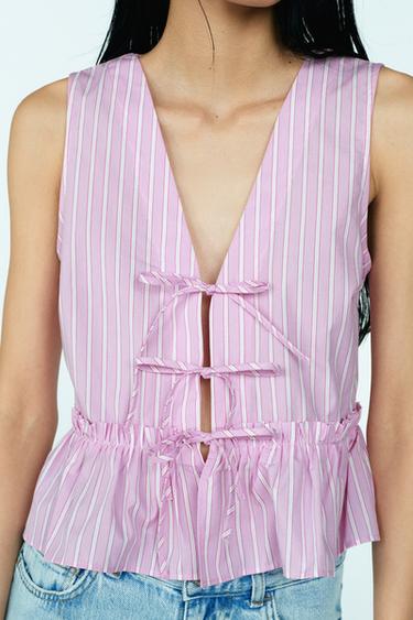 STRIPED TOP WITH TIES - Pink / White by Zara