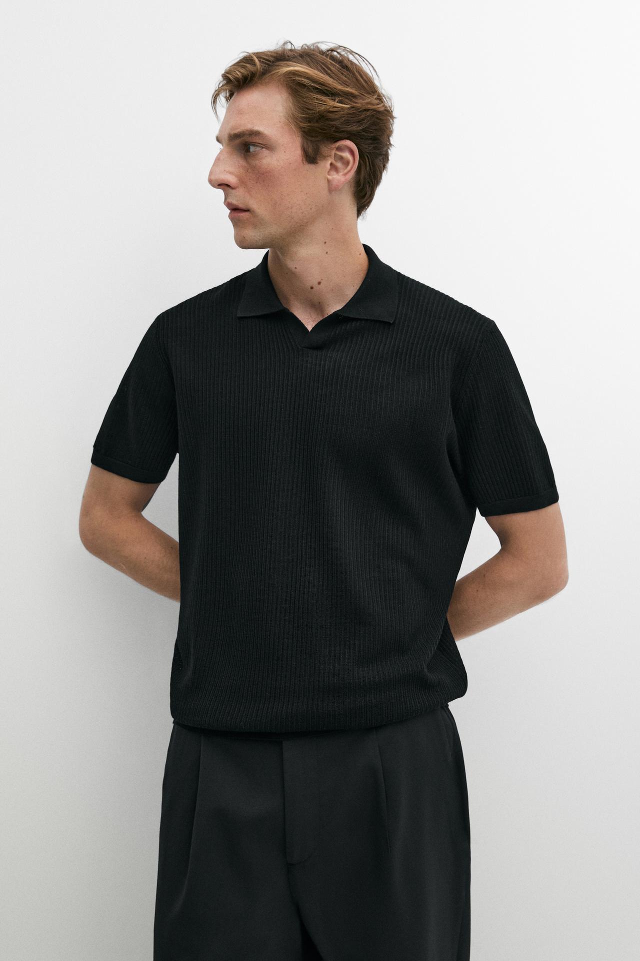 Wool blend short sleeve knit polo — Black