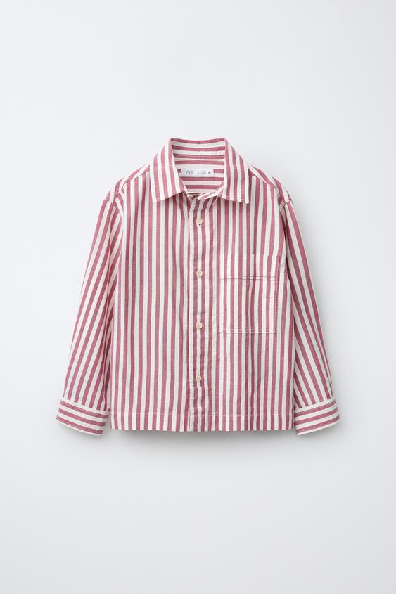 CAMISA COM BOLSO E ESTAMPADO DE RISCAS - Borgonha da Zara - Imagem 0