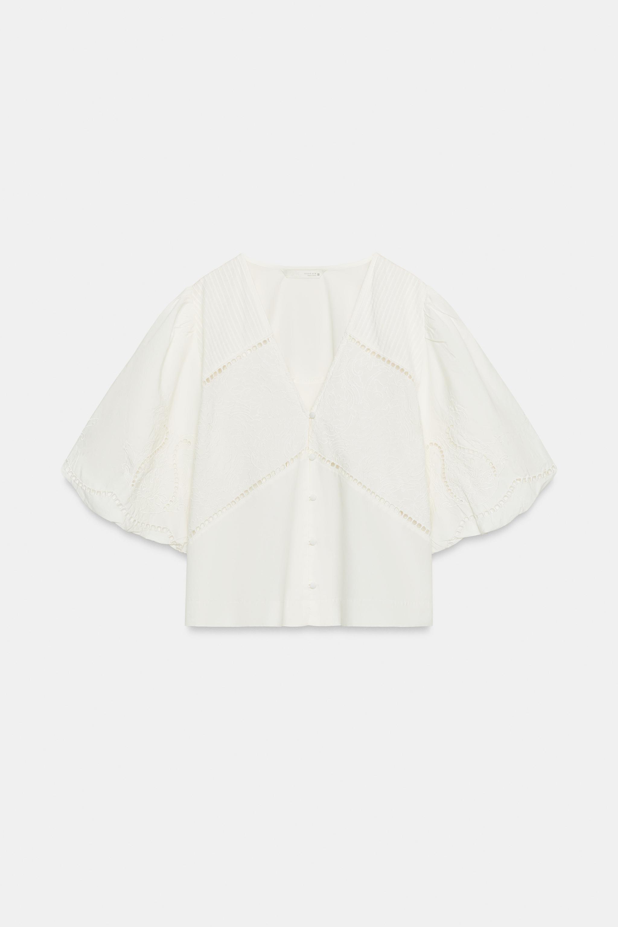 TOP BORDADO COM MANGA ABALONADA - Branco-marfim | ZARA Brasil