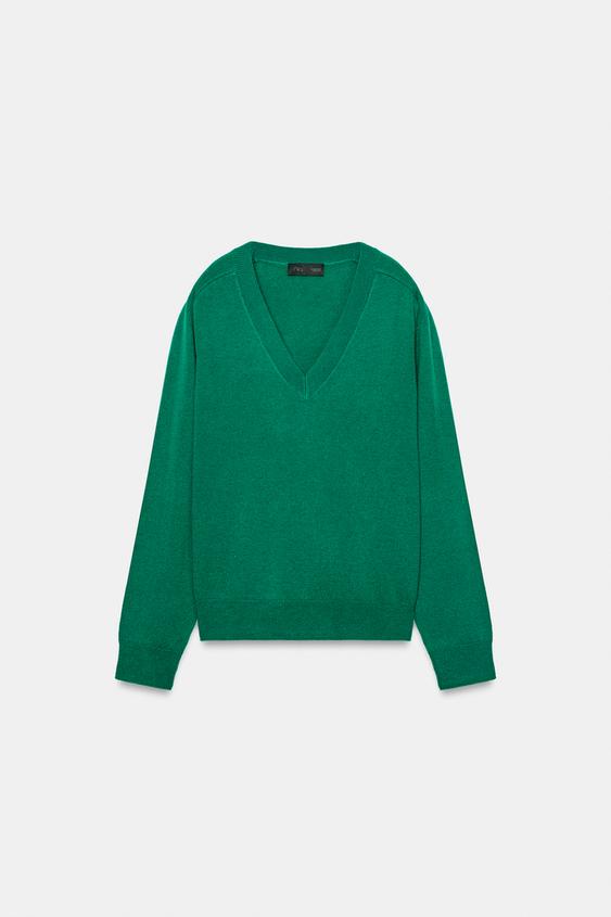 WOOL BLEND V-NECK JUMPER - Green by Zara - Image 0