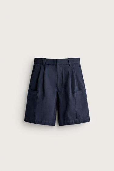 Zara 休閒版工裝打褶短褲 - 海藍色