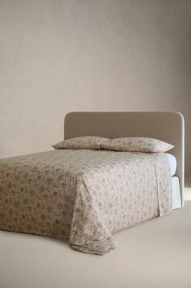 FLORAL SATEEN FLAT SHEET (300 THREAD COUNT) - Ecru by Zara - Image 1