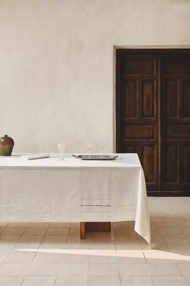 HEMSTITCHED INSERT LINEN TABLECLOTH - Ecru by Zara