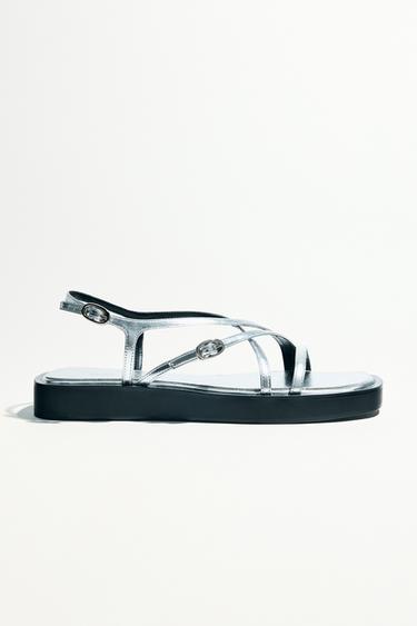 Zara 金屬色厚底帶狀涼鞋 - 銀色