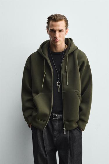 SWEATSHIRT MED HÆTTE I NEOPREN-LOOK - mørk grøn fra Zara