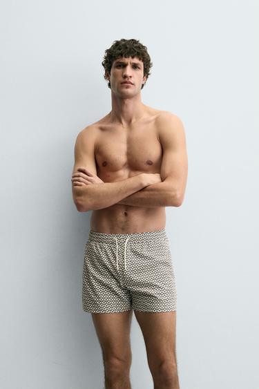 SHORT GEOMETRIC PRINT SWIMMING TRUNKS - Ecru by Zara - Image 1