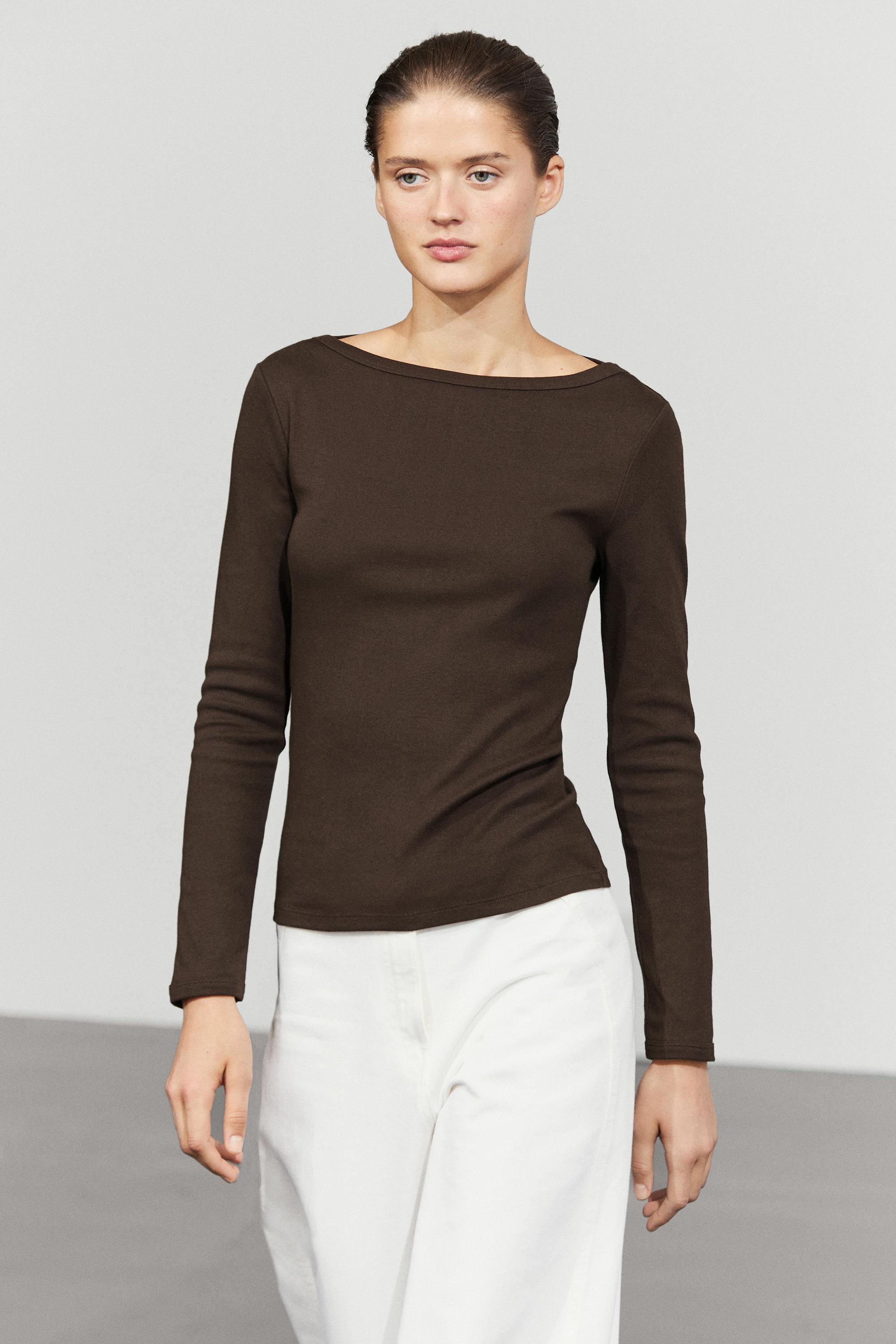 Long Sleeve Boat Neck T-shirt — Brown