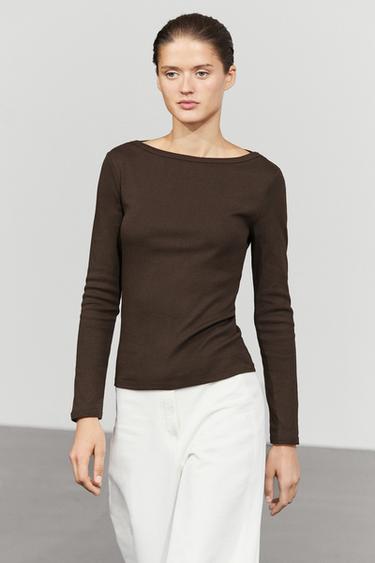 Long Sleeve Boat Neck T-shirt — Brown 2