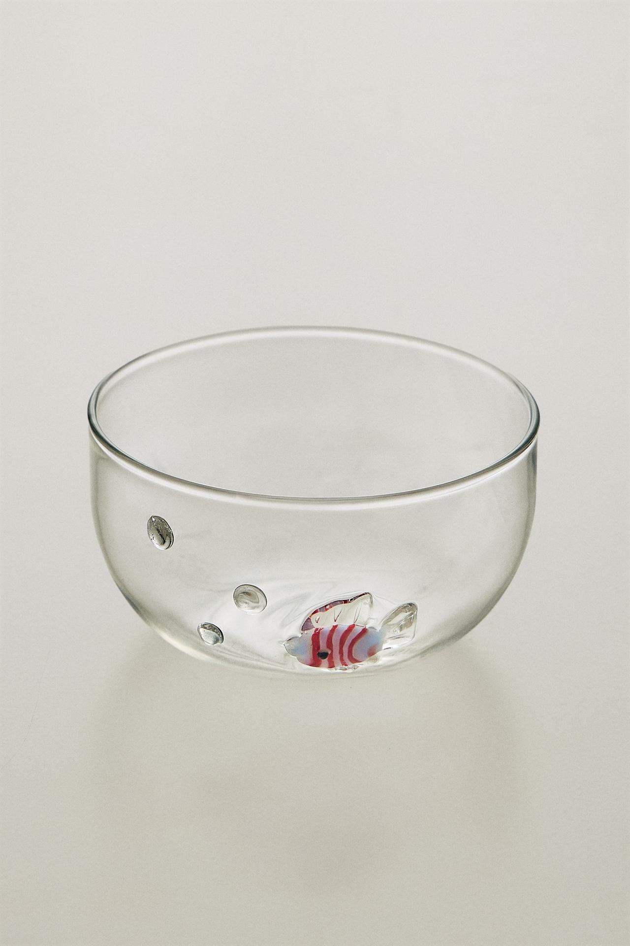 BOROSILICATE BOWL WITH BUBBLES AND FISH — Blue