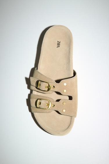 Zara SPLIT LEATHER BUCKLE SANDALS - Beige