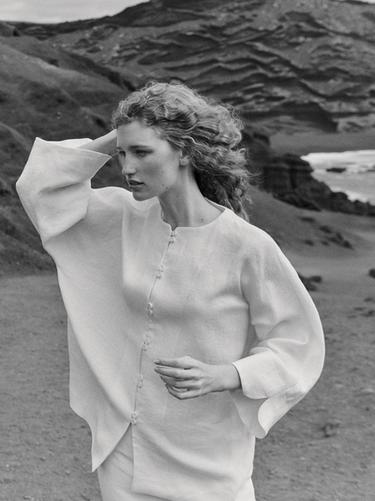 Zara 100% linen kimono with button detail - Oyster-white - Image 0