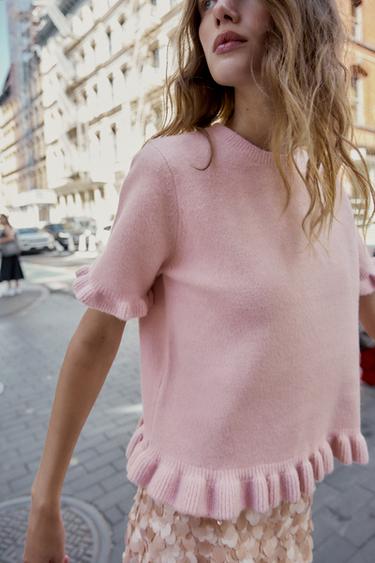 KNIT SHORT SLEEVE SWEATER WITH RUFFLES - Pastel pink by Zara