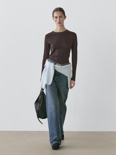 Zara Long-sleeve cotton blend T-shirt - Dark brown - Image 0