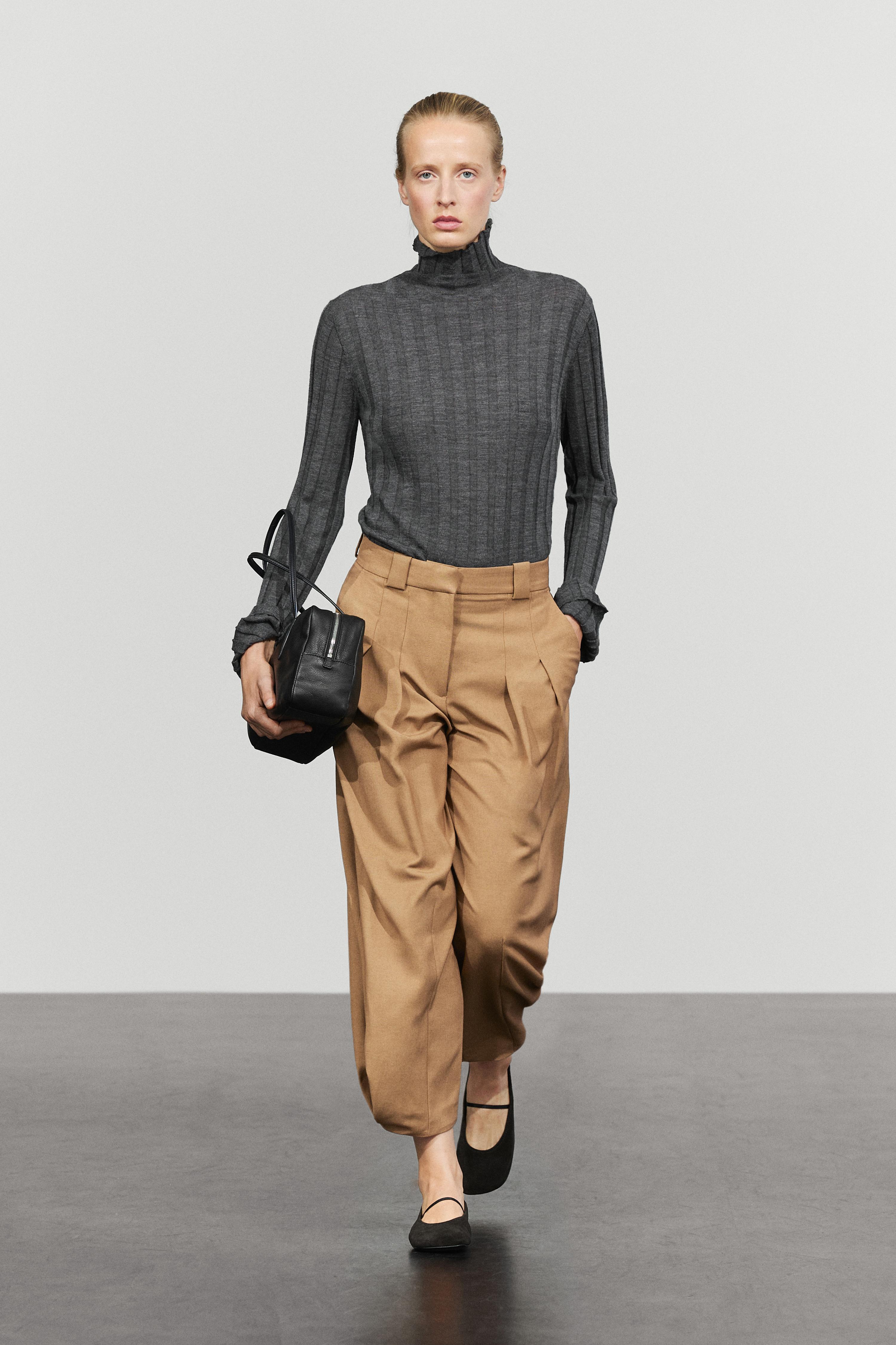 Wool blend pants with pleated detail - Dark mink | ZARA United States