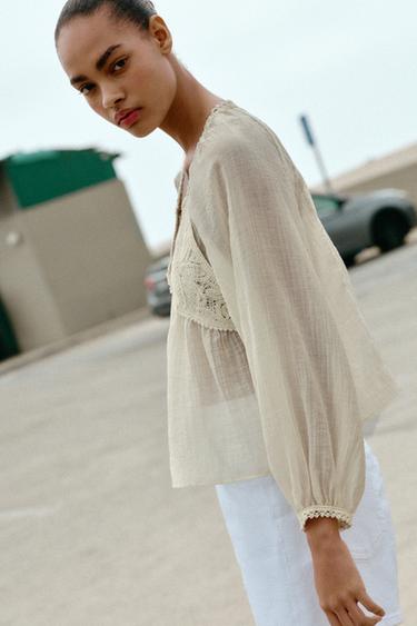 CROCHET CONTRAST BLOUSE - Ecru by Zara - Image 2