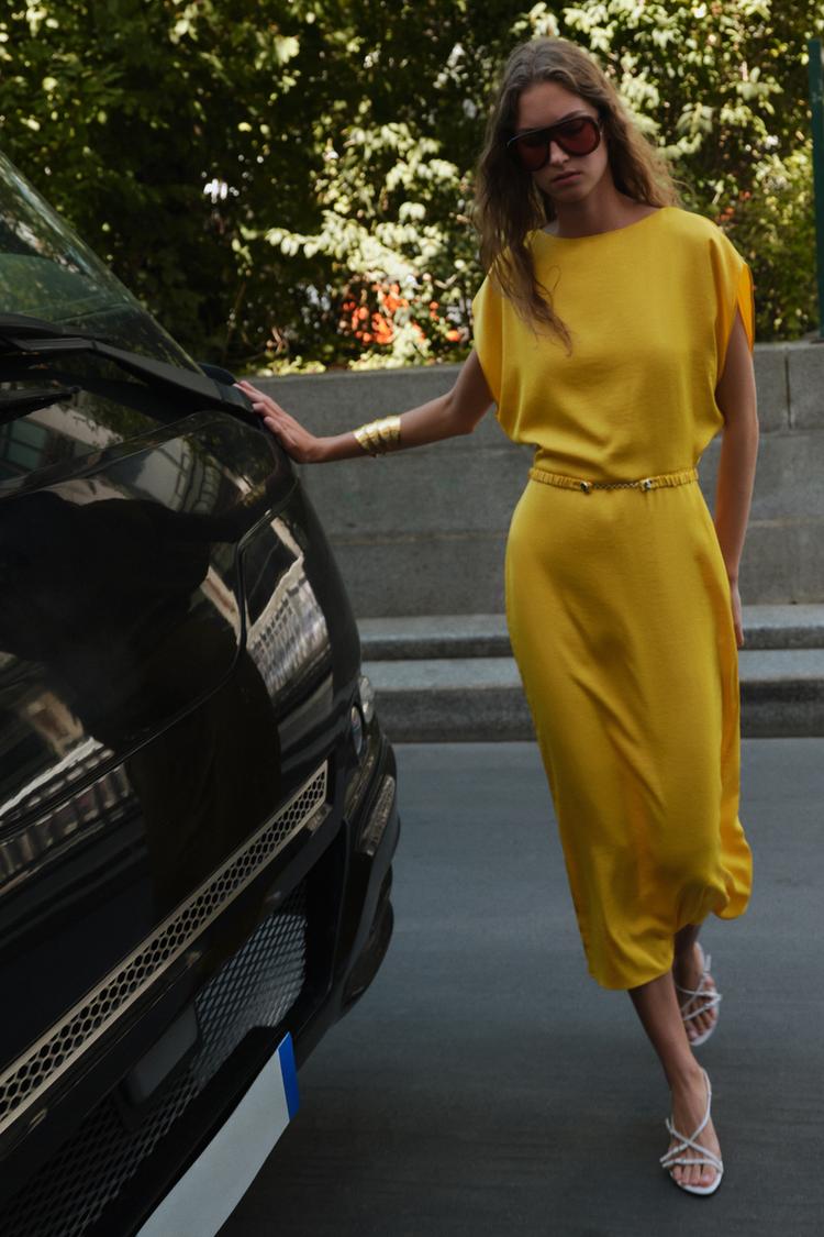 BELTED SATIN EFFECT MIDI DRESS Mustard ZARA Canada