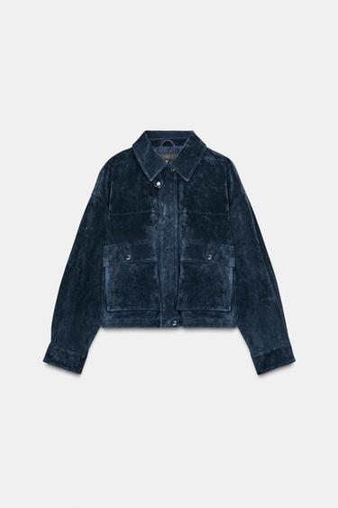 BOMBER BUNDA 100% KŮŽE - Modrá Navy od Zara