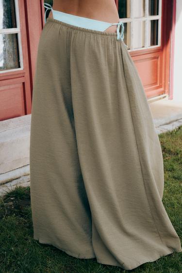 PANTALON PALAZZO FLUIDE À LACET - Kaki clair de Zara - Image 4