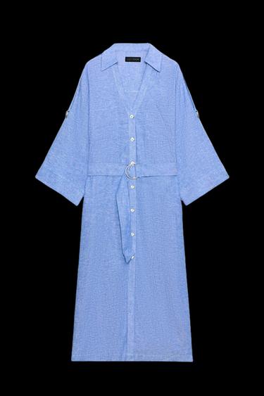 MIDI LINEN BLEND DRESS WITH BELT - Blue by Zara