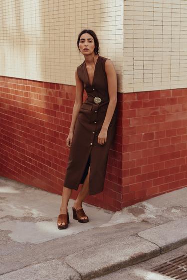 VESTIDO MIDI CREPE CINTURÓN - Marrón de Zara - Imagen 0