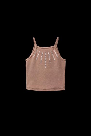WASHED-EFFECT STUD T-SHIRT - Brown by Zara - Image 0