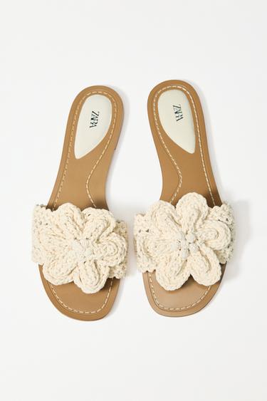 Zara CROCHET BOW FLAT SANDALS - Ecru