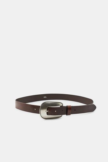 Zara 100% LEATHER METALLIC BUCKLE BELT - Chocolate