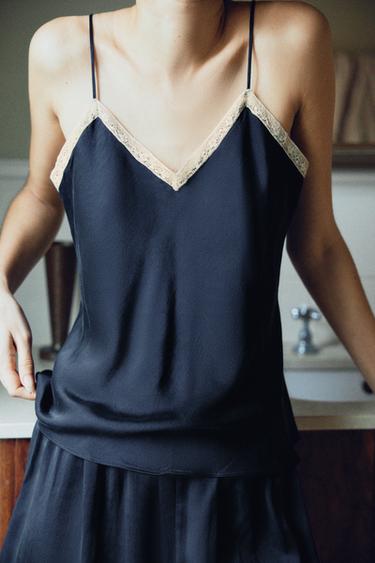TOP LENCERO SEDA 100% PUNTILLA - Marino / Blanco de Zara
