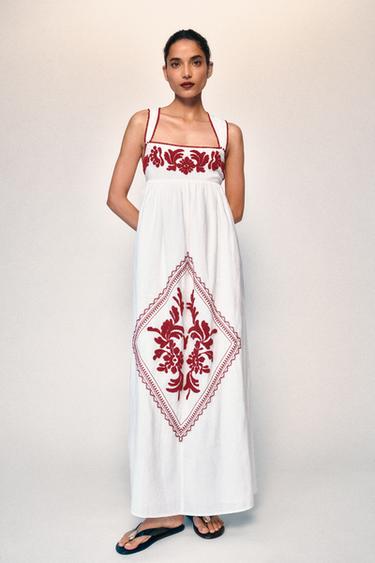EMBROIDERED TEXTURED MIDI DRESS - Ecru by Zara