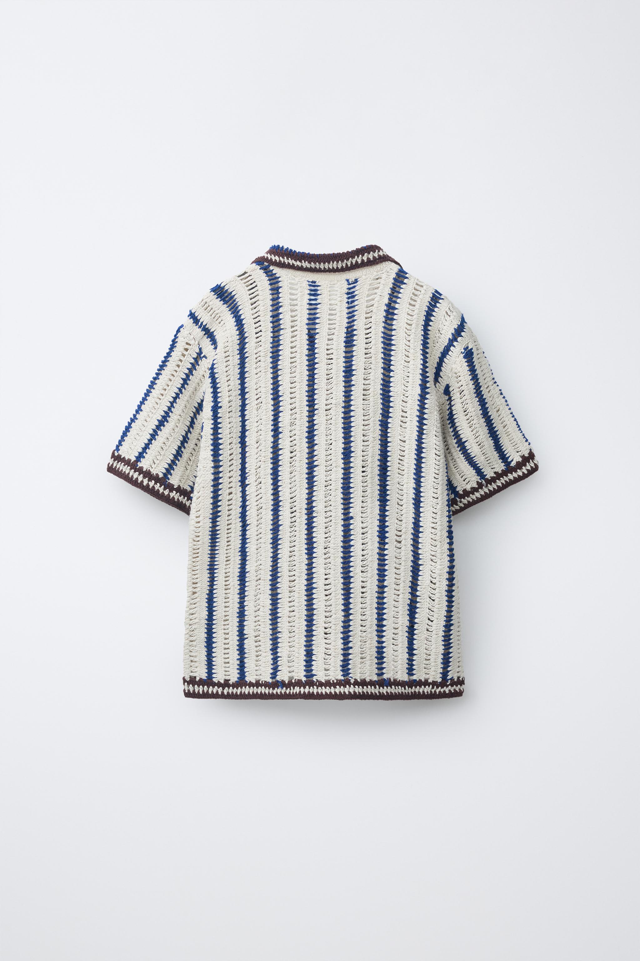 march16★ZARA★ストライプニット STRIPED CROCHET KNIT OVERSHIRT - Navy blue | ZARA United States