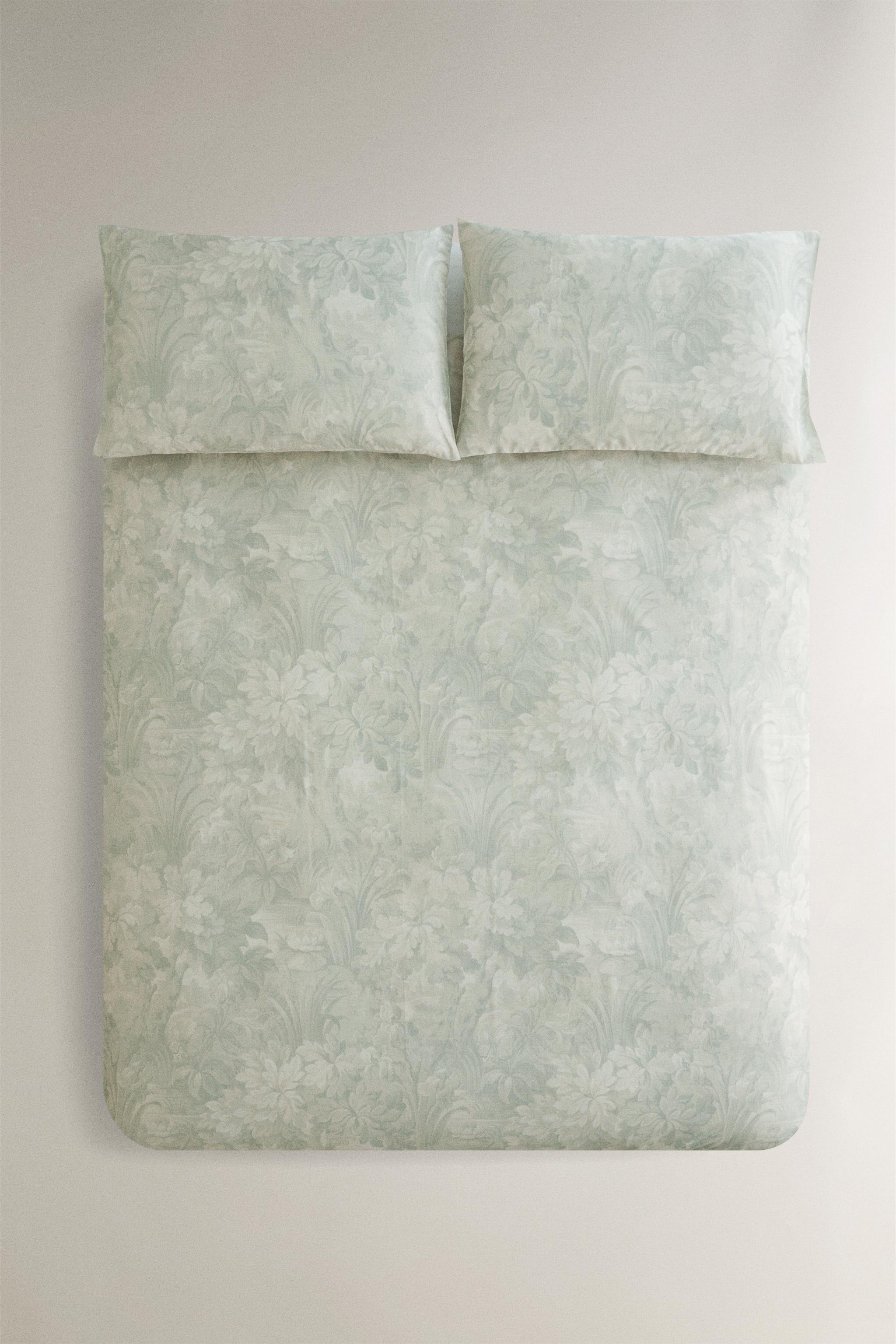 DUVET COVER WITH FLORAL AND BRANCH PRINT — Light green