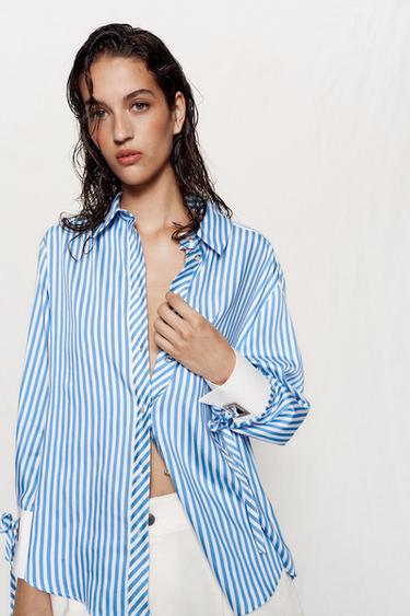 CHEMISE À RAYURES ET LACETS - Bleu / Blanc de Zara - Image 3
