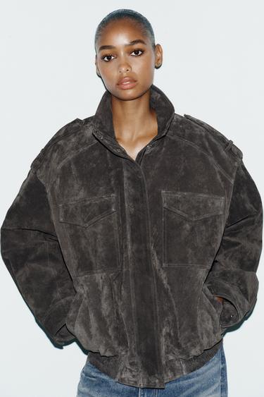 Zara SUEDE LEATHER JACKET - Charcoal