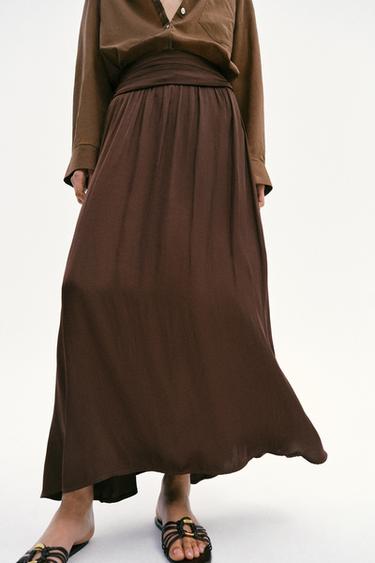 Zara SATIN EFFECT MIDI SKIRT - Brown