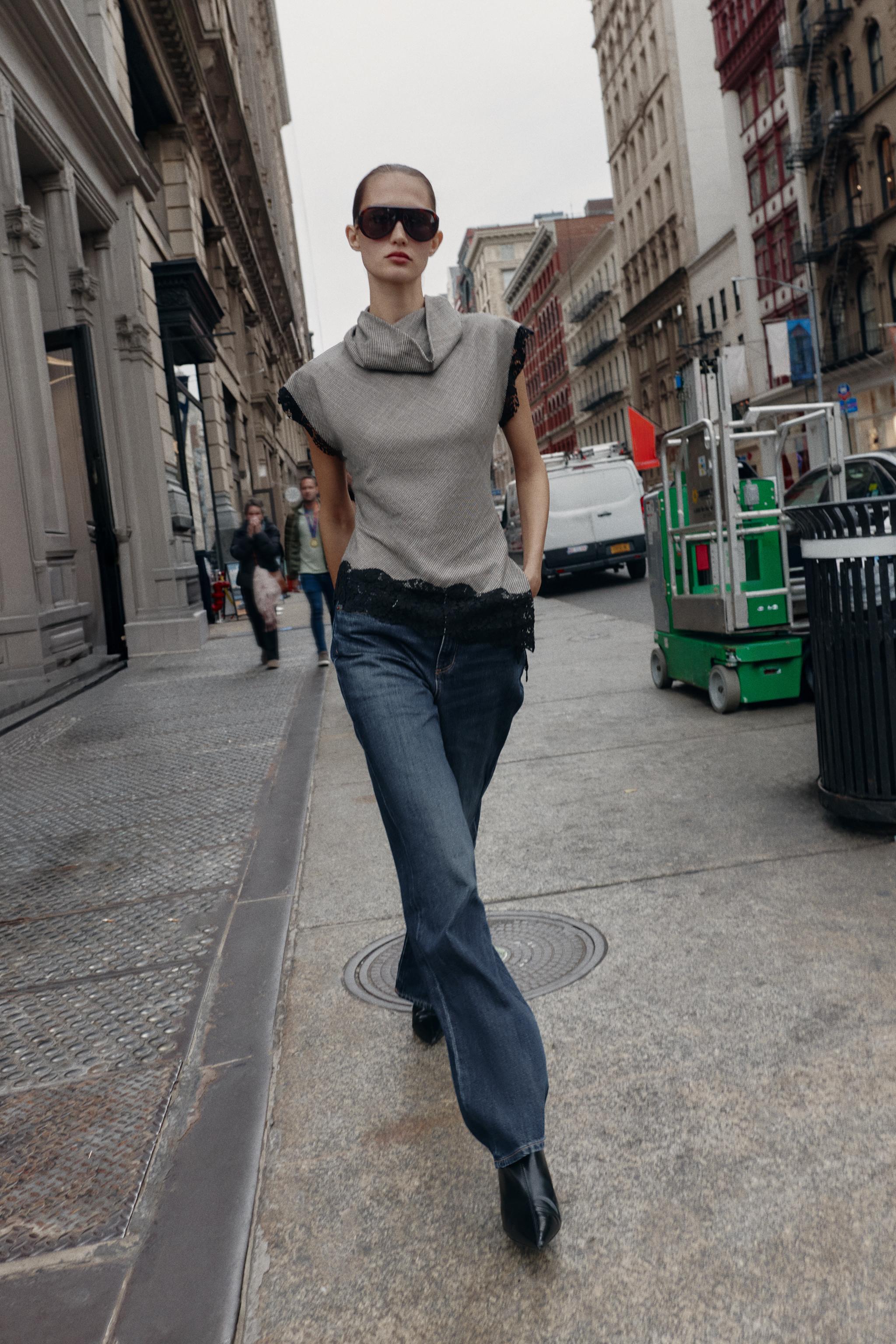 千鳥格子柄レーストリムトップス - ブラック/エクリュ | ZARA Japan / 日本