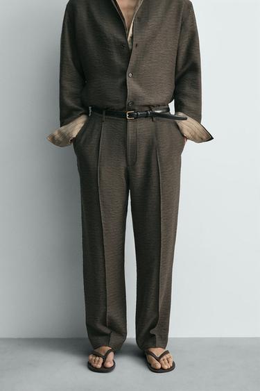 Zara FLOWY TEXTURED PLEATED PANTS - Brown / Taupe