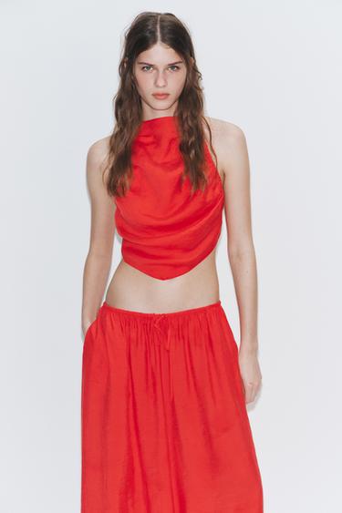 Zara RUCHED HALTER TOP - Red / Coral