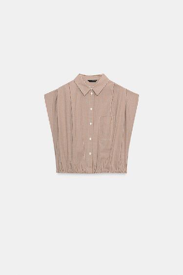 CAMISA CORTA CUADRO VICHY - marron/blanco de Zara