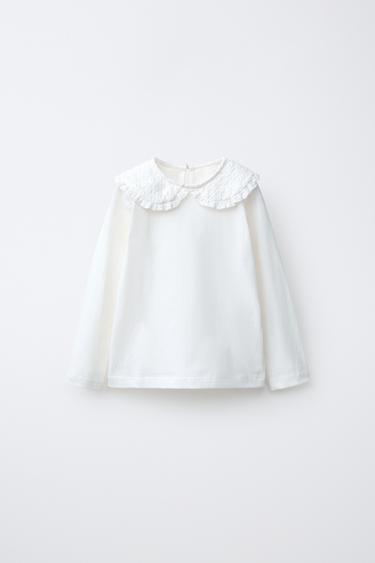 CAMISETA CUELLO BOBO BORDADO - Blanco roto de Zara