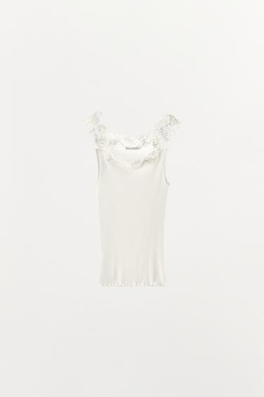 RIBBED KNIT LACE TOP - Ecru by Zara
