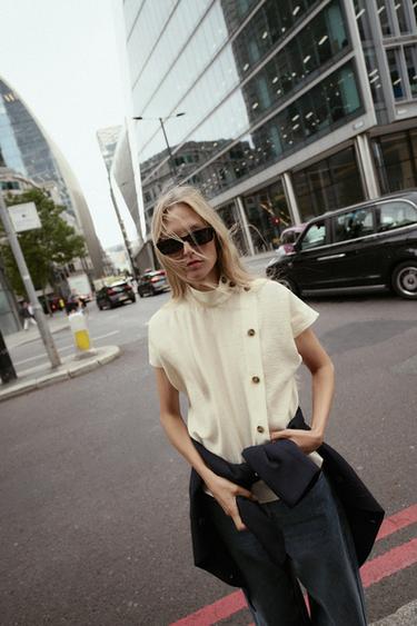 KEMEJA KANCING KONTRAST - Ecru dari Zara