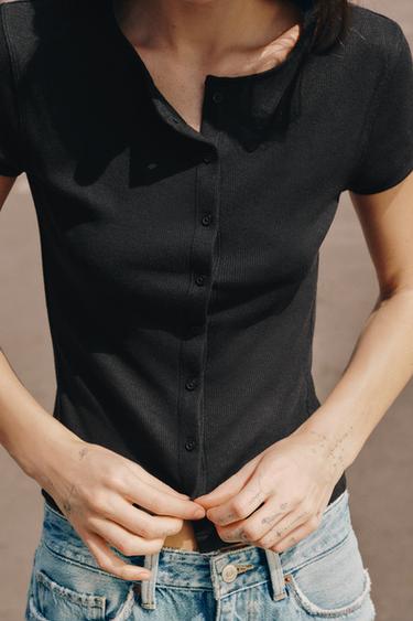 Zara BUTTONED RIBBED T-SHIRT - Black