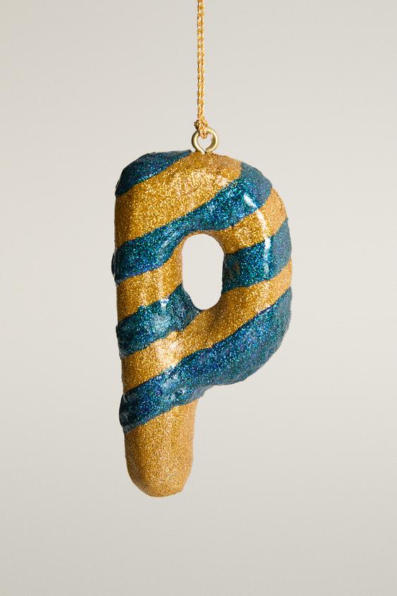 CHRISTMAS TREE LETTER P STRIPED ORNAMENT - Blue by Zara - Image 0