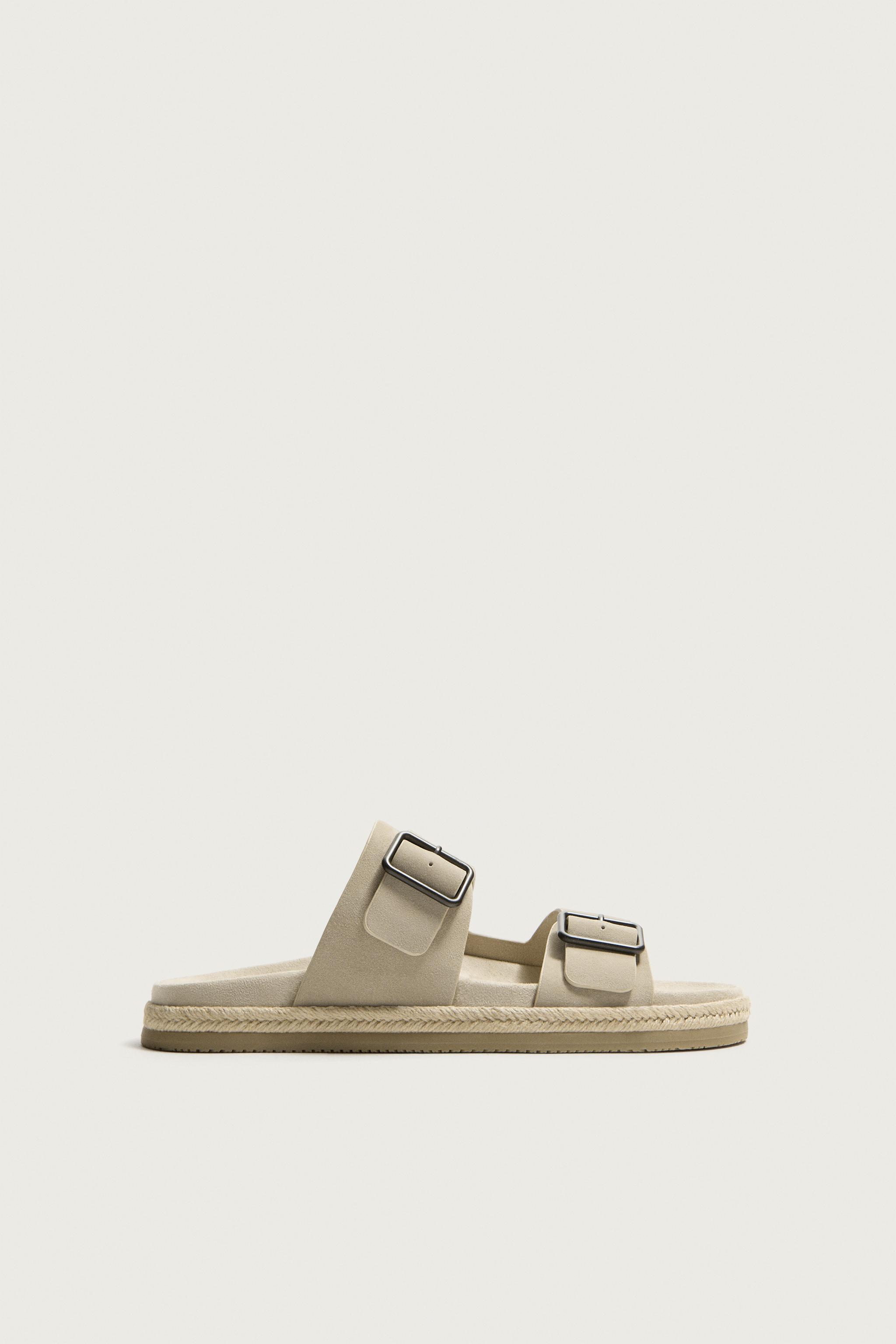 DOUBLE STRAP LEATHER SANDALS — Taupe Gray