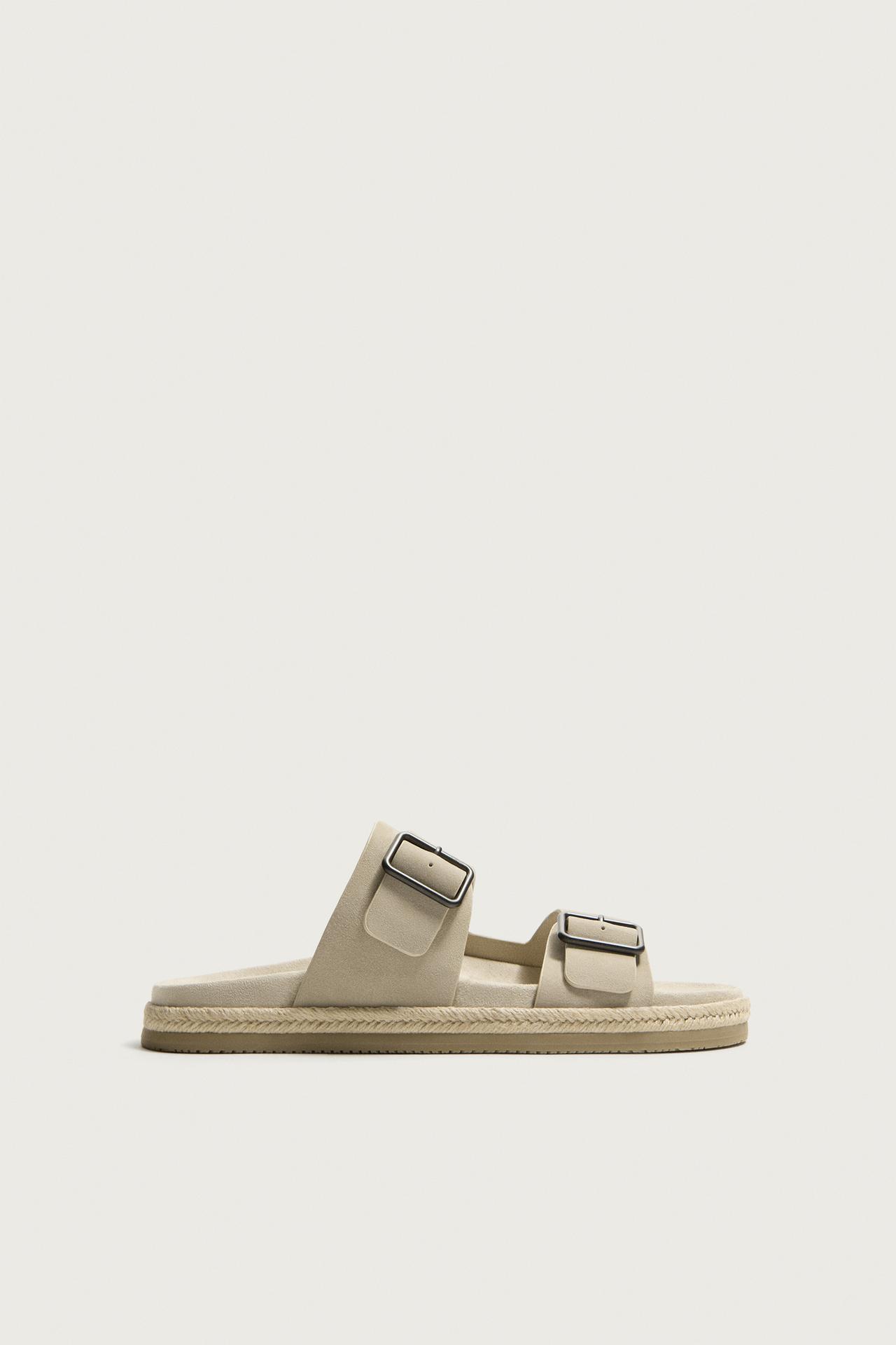 DOUBLE STRAP LEATHER SANDALS — Taupe Gray